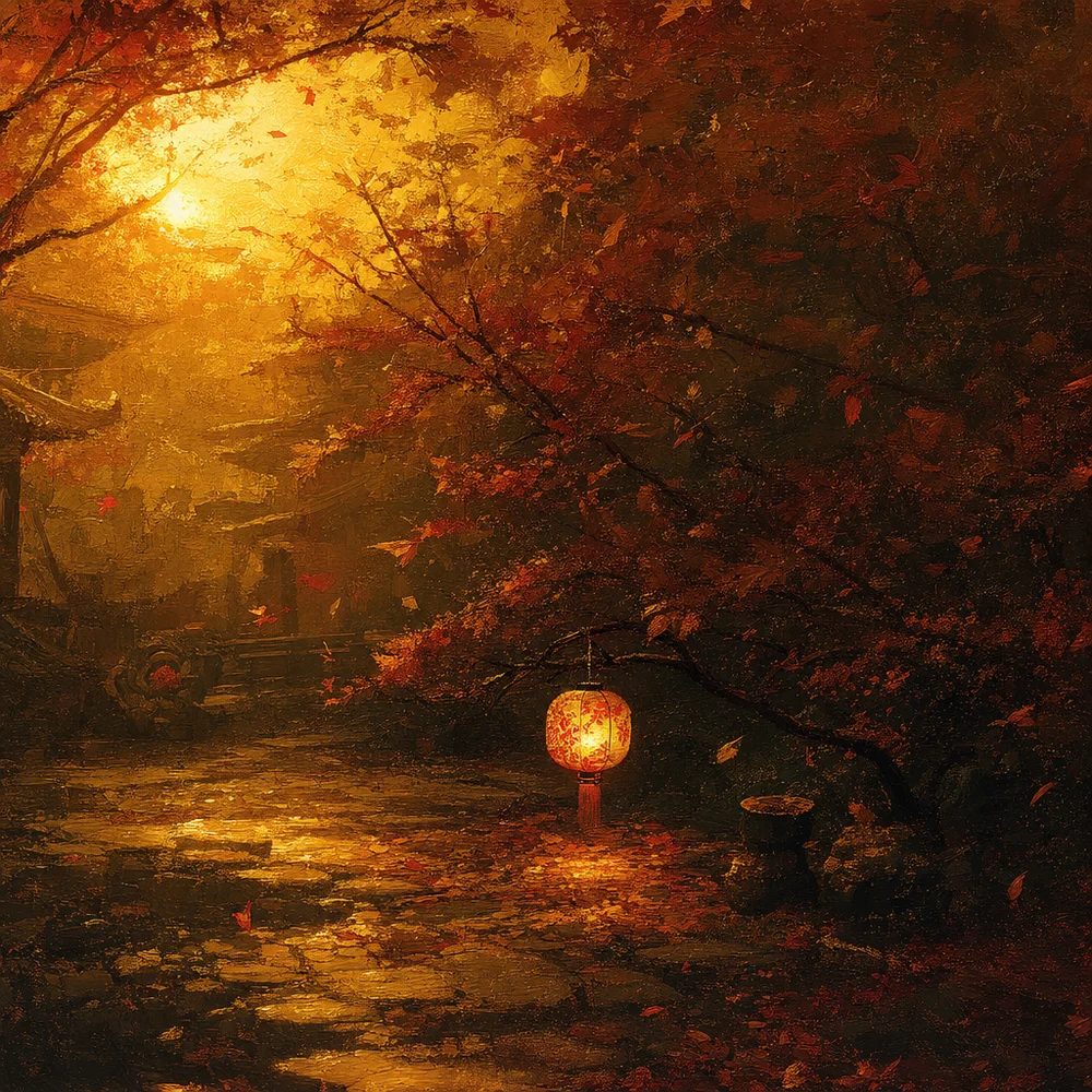 贲卦卡片画面：秋夜庭院，一盏灯笼