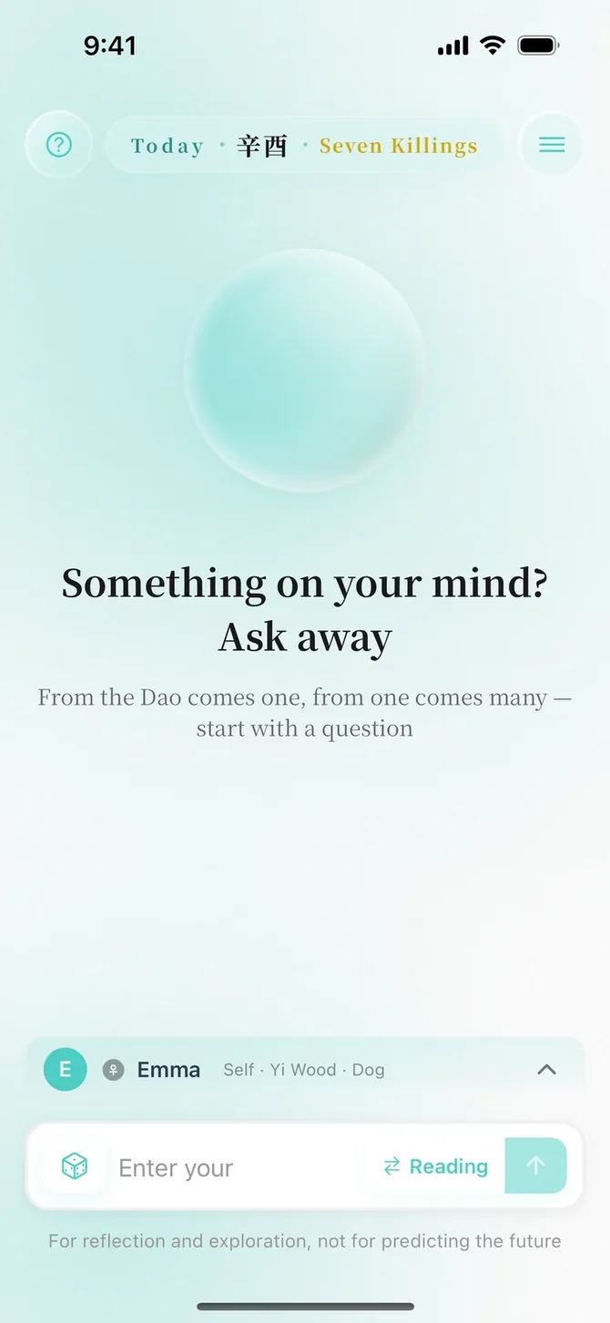 YaoWise home screen: the crystal ball, "Something on your mind? Ask away" and the question box
