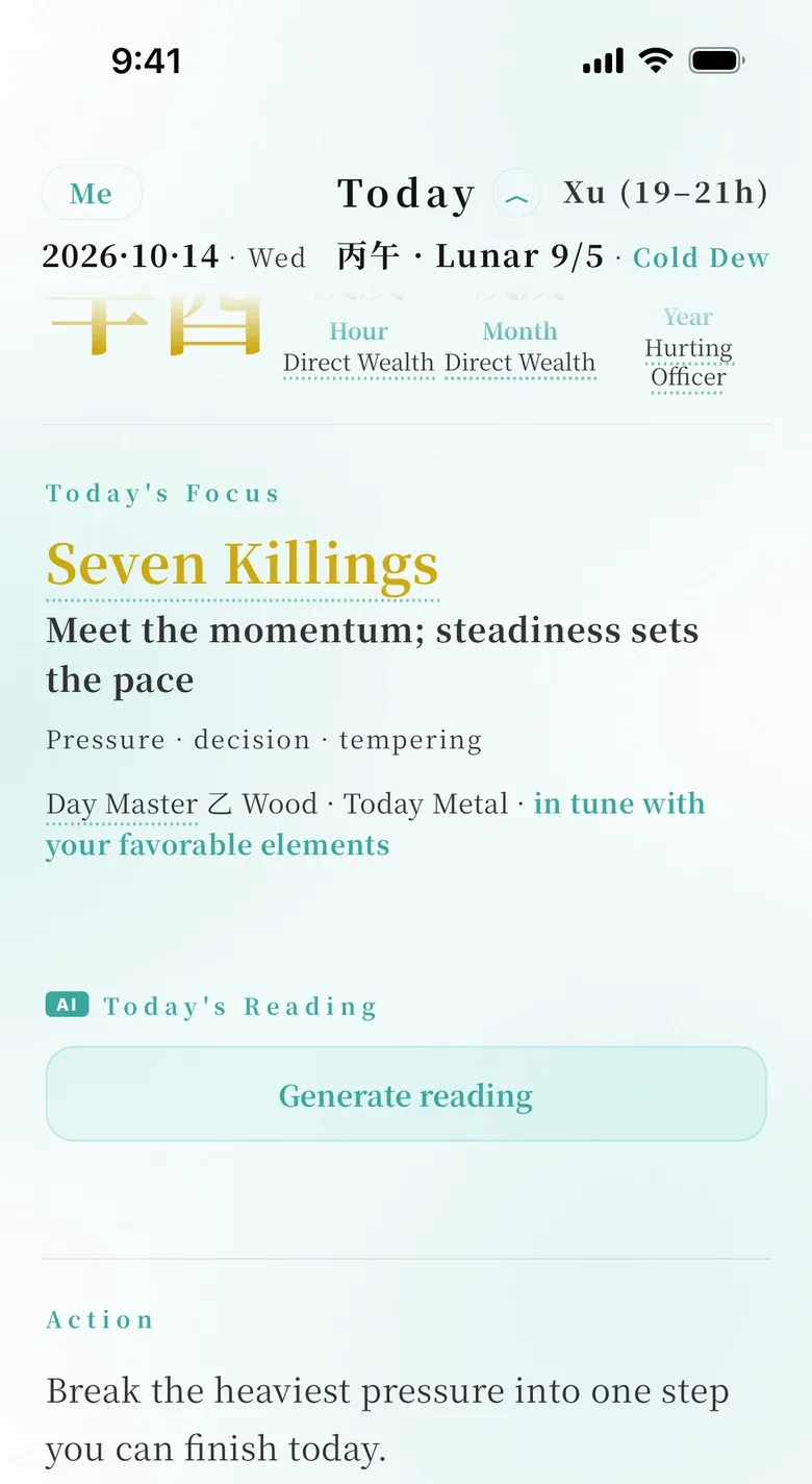 Today panel for a demo profile: the sign for the day, an action and the reflection question