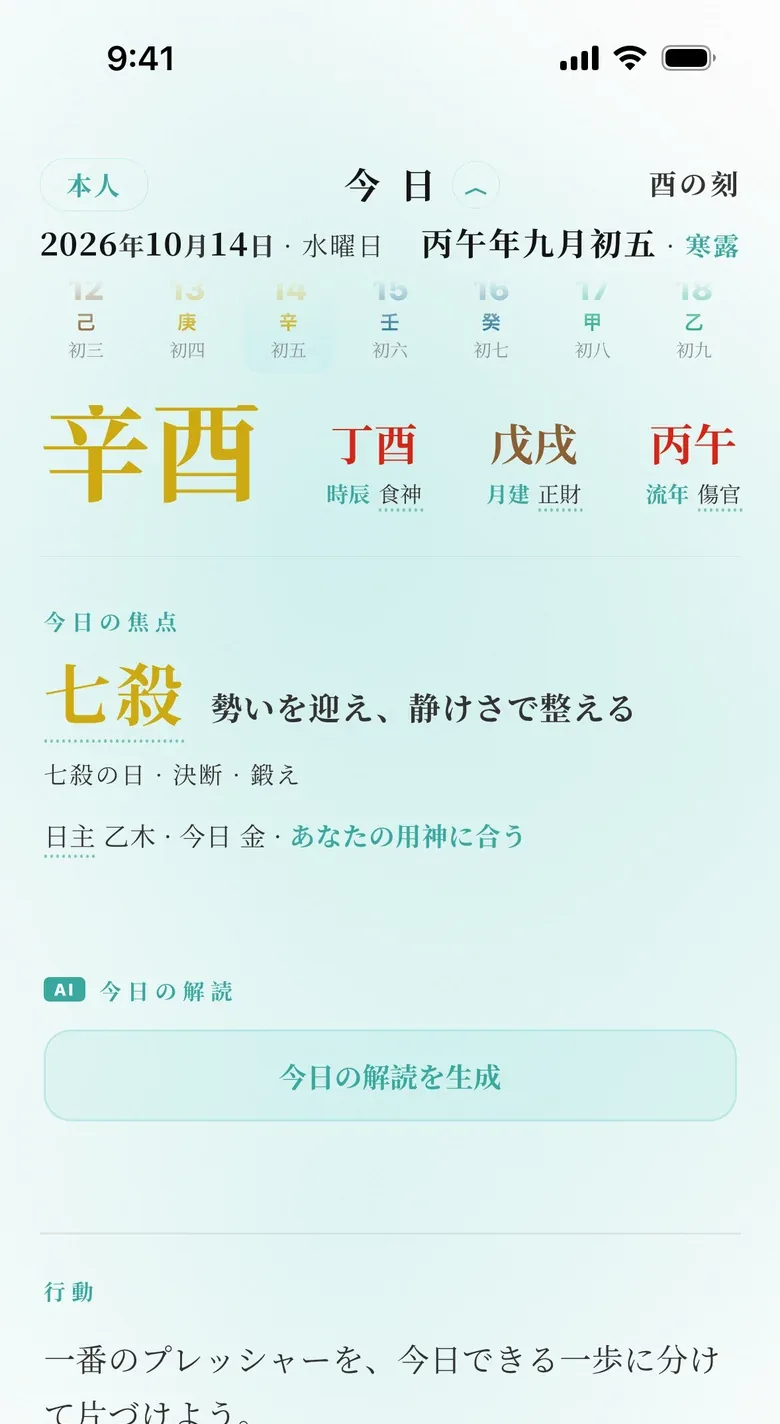 デモ用プロフィールの「今日」パネル:その日の十神、行動、内省の問い