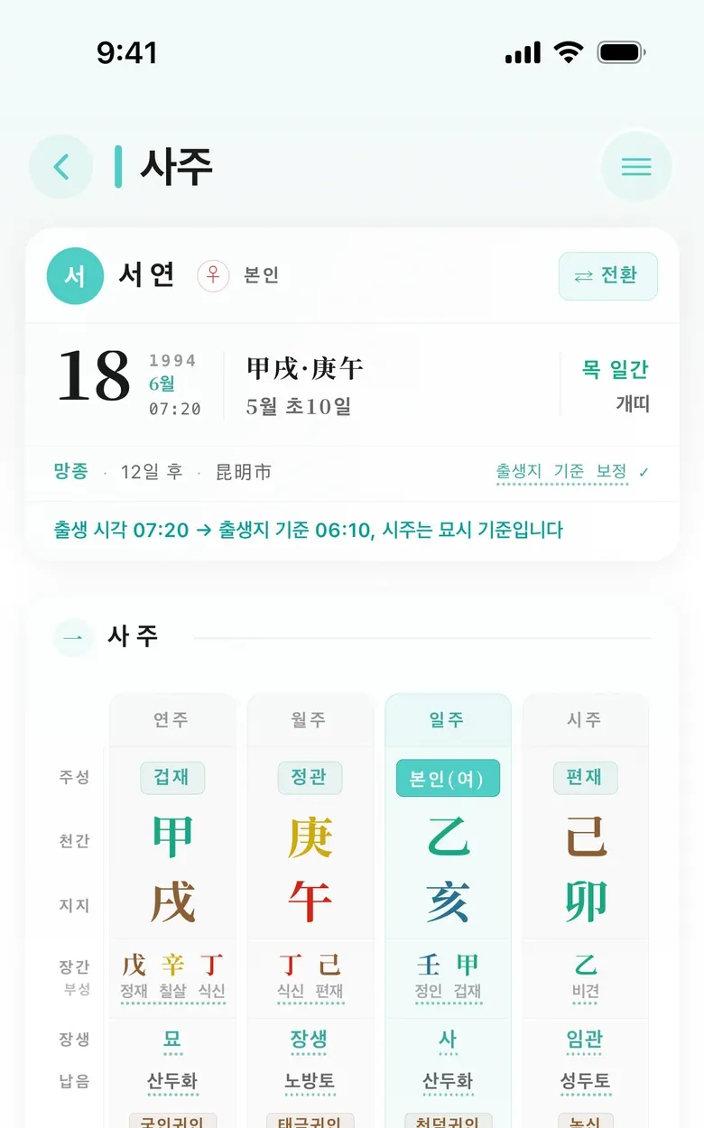 사주 화면: 프로필 카드와 네 기둥 표