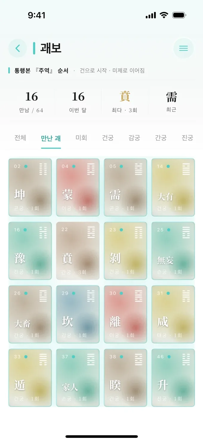 괘보: 지금까지 만난 괘 16개가 밝게 표시된 화면