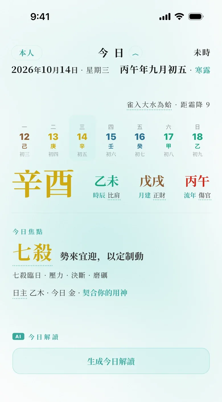 今日面板：今天的干支、時辰與今日焦點
