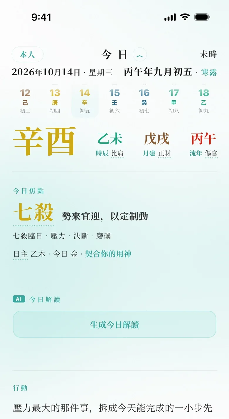 示範檔案的今日面板:七殺,行動與覺察一問